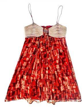 MM couture by Miss me Red Patterned Dress with Cream Bodice. Size M